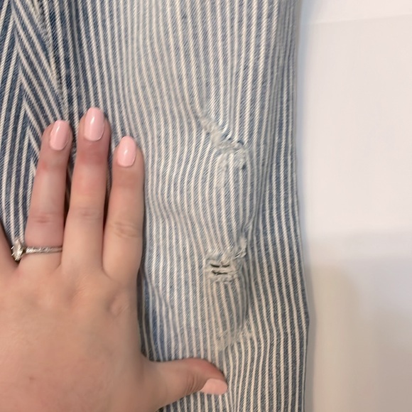 F21 Pinstripe Denim Overalls with Distressed Details and rolled hem, size 27 - Picture 6 of 11